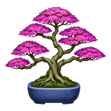 Futuristic wild et alien moss maples Bonsai hair-fine-leaf group crimson crystal azalea purple and cream pink blue informal rocky cliffhanger forest planting in shallow slab style pot  sticker