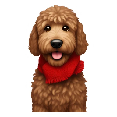 Dark brown golden doodle with fluffy fur wearing a red Christmas scarf sticker