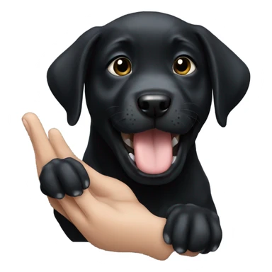 Black lab puppy biting a hand sticker