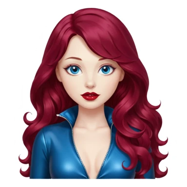 Imagine a beautiful burgundy long wavy hair, pale skin, dreamy, seductive blue eyes, plump vivid red lips,female as an action figurine. Wearing one piece black patent leather outfit sticker