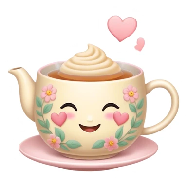 Cute Kawaii Tea Cup, steaming with warmth, a charming smiling face, soft pastel tones, delicate floral patterns, a tiny heart-shaped tea bag tag, cozy and inviting! sticker