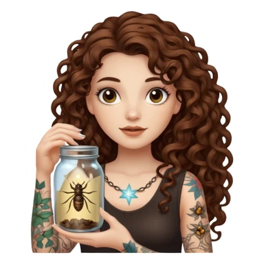 woman with long curly brown hair, brown eyes, white skin, tattoos, holding a jar of captured starlight insects sticker