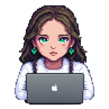 a girl's face working behind a MacBook, pixel art style sticker