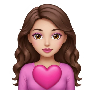 girl with long wavy brown hair, brown eyes, long lashes makeup, sexy pink lips, light to medium complexion, wearing a pink sexy top, holding a big heart sticker