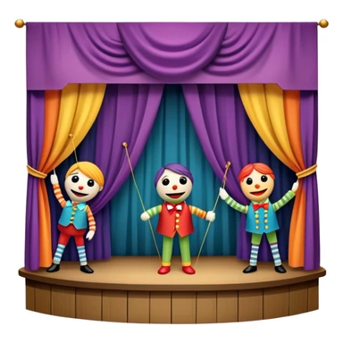 IIcon for Puppet Theater: a puppet stage with colorful marionettes, strings, and theatrical curtains. The icon should capture the whimsical and playful nature of puppet theater, with a focus on the characters and craftsmanship. Transparent background. sticker