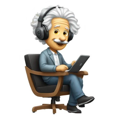 albert einstein happy listening music with wireless headphones while sitting on the chair sticker