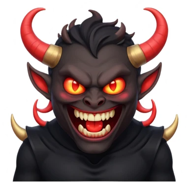 “Scary demon emoji, evil human-like laugh, black clothes, big curved horns, glowing red eyes, upper body visible till chest, dark mood, high detail, emoji style, clean background” sticker