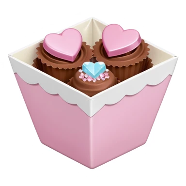 Two sharp-edged square milk chocolate pralines placed diagonally, each in a white fluted paper candy cup, with smooth glossy coating.
Flat thin pastel pink heart icing centered on top with subtle sugar crystal sparkle, clean studio lighting, pure white background, realistic minimal emoji-styleใ sticker