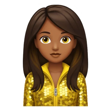 Sasha from Bratz with medium dark skin, long dark brown hair and yellow sequin outfit sticker