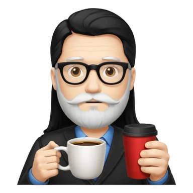 men with white bearded long black hair  with opticals  on holding coffee cup sticker