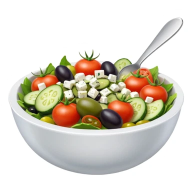 mediterranean salad bowl object icon, tomatoes, cucumbers, olives, feta cheese, olive oil dressing, 3D cartoon, mobile game icon style, clean background, no text, no watermark
 sticker