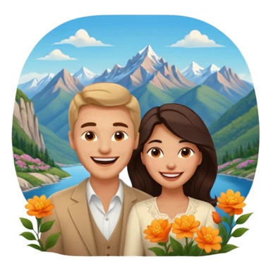 Couple  laughing traveling russian man and elegant  Latina girl delicate flowers and mountains in the background  sticker