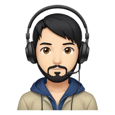 Anime-style man with black hair, brown eyes, black beard wearing gaming headphones, anime character design sticker
