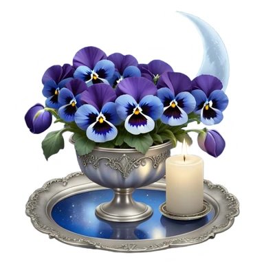 A mesmerizing nighttime scene featuring a cluster of vibrant blue pansies bathed in soft moonlight. In the background, a luminous silver crescent moon hangs low in the sky, partially veiled by delicate wisps of mist. A round, decorative candle in a shimmering pearl color rests on an ornate silver tray, its gentle glow casting flickering reflections on the surrounding petals. Tiny fireflies dance in the air, adding an ethereal touch, while a few scattered crystals glisten among the flowers. sticker