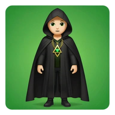 illuminati shadow figure standing in black cloak with gold triangle necklace, green background sticker