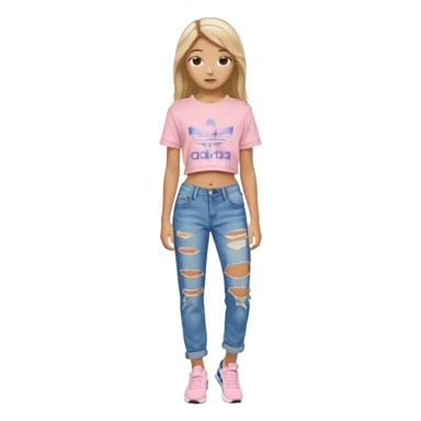 preppy teenage girl, tan, blonde highlights, brown long hair, long eyelashes, beach aesthetic, wearing cute clothes, sexy, wearing ripped blue long baggy jeans with a light pink revealing crop top, wearing Somba Adidas sticker