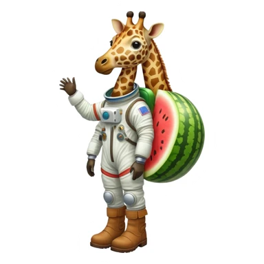 a round watermelon body with only the head of a giraffe sticking out, wearing brown boots and an astronaut helmet sticker