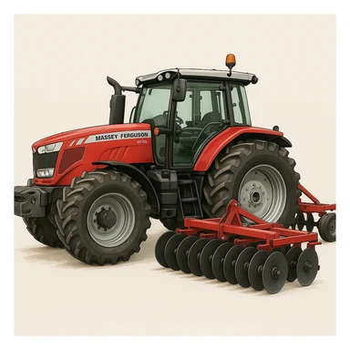 A detailed and recognizable Massey Ferguson tractor with a Disc Harrow attached, side view, clean background, realistic farm equipment illustration. sticker