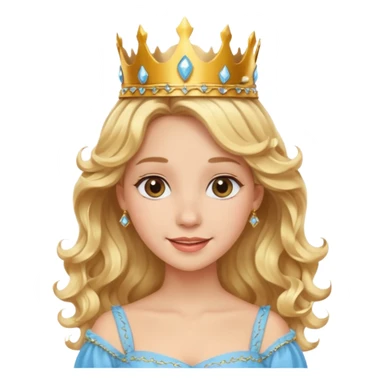 Cheerful blonde princess with wavy hair and light blue dress, wearing crown sticker