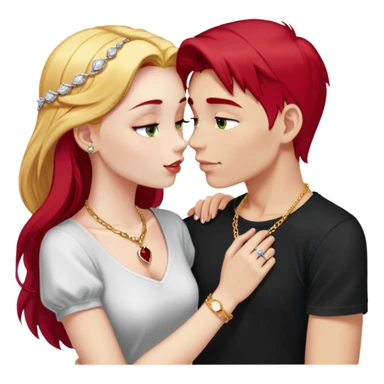 young couple kissing, girl with long cherry red hair and blonde eyebrows, gold A necklace, diamond ring, red bracelet, light clothes, boy with SHORT SNOW WHITE hair, silver ring with black stone, dark t-shirt sticker