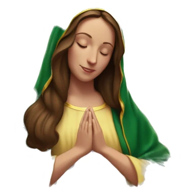Virgin Mary: kind face looking down at the left, long brown hair, Wearing an emerald green  robe with gold stars and a burgundy red dress,  Hands in prayer or blessing. Halo around her head. standing in front of a big sun. colorful roses on the sides  sticker
