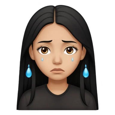 Sad crying woman with long straight black hair, brown skin tone, teardrops on face, worried eyebrows, neutral mouth sticker