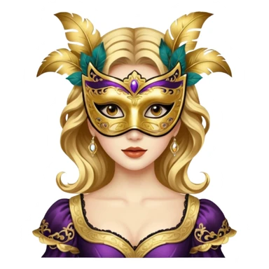 A woman in an ornate gold masquerade mask and elegant outfit, holding the mask delicately. sticker