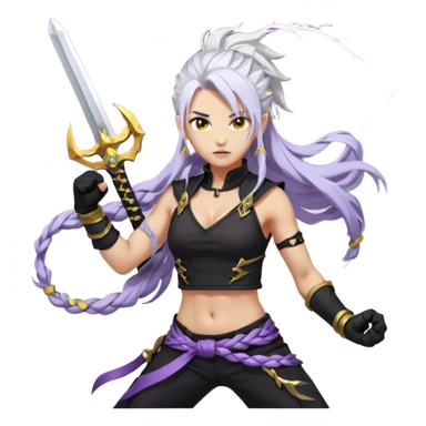 A sword maiden, mohawk, long braid white hair with lavender and tips long messy bangs one side, gold yellow eyes, black crop top, with both fighting gloves up in defensive ready pose, delivering a lightning quick vertical upwards front kick with volcanic force sticker
