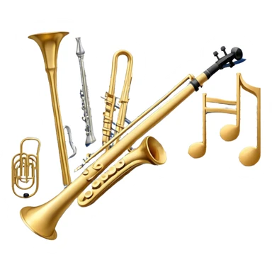 Create an elegant and artistic emoji that represents music arrangement and orchestration. The design should feature a conductor's baton, musical scores, and various orchestral instruments (e.g., violin, trumpet, electric guitar, synthesizer). Incorporate flowing lines to represent harmony and orchestral balance, along with a subtle representation of sheet music. Use rich, classical colors like gold, silver, or deep blue, and create an atmosphere of sophistication and precision. The background should be transparent. sticker
