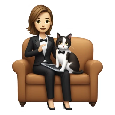 Light skinned woman with brown hair sitting on the couch laptop on her lap next to small black and white tuxedo cat sticker