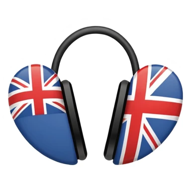 Minimalistic flat vector icon, iOS style, thin black contour on white background. Ear icon with sound waves and small UK/USA flag symbol. Clean, no text, no shadows sticker