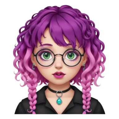 . Gothic girl with pink to violet ombré hair with pink on top, ringlet curly hair, bangs round glasses, septum piercing, nostril piercing, almond eyes, blueish green eyes,heavy eyeliner,  sticker