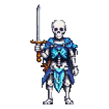 pixel art skeleton with a sword raised, action pose sticker