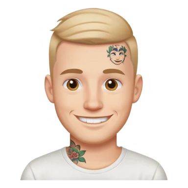 white man with small face tattoo, smiling, wearing a white t-shirt sticker