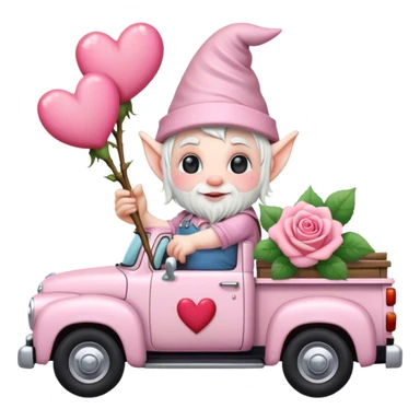 An adorable little pale pink Valentine’s Day style gnome with a rose and hearts in the background riding in the back of a beat up old pick up truck sticker