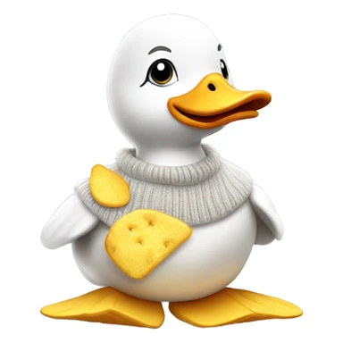 plush white duck wearing a sweater with Chips written on it sticker