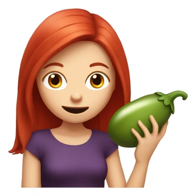 Red haired girl holding eggplant near mouth pretending to taste it sticker