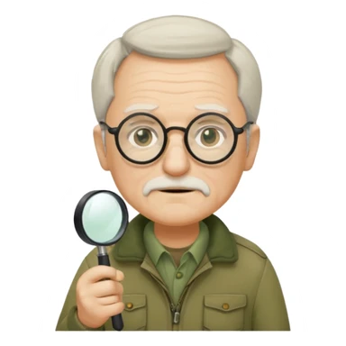 old man in beige moss green explorer outfit, wear black glass, hat, holding magnifying glass sticker