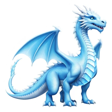 Cinematic Noble wise elegant Ice Dragon full body  Emoji, Poised and imposing, distinct long elegant snout, with a slender, scaled body shimmering in glacial hues of icy blue, frostbitten silver, and crystalline white, breathing out frost, with piercing, glowing ice blue white eyes that radiate the chilling depths of an arctic storm; rendered in detail. excuding wisdom sticker