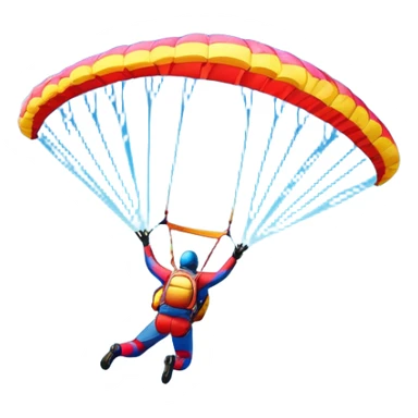 A base jumper soaring through the sky, with a brightly colored parachute open. The backdrop features breathtaking mountain peaks, lush valleys, and a vast blue sky dotted with clouds. The scene captures the thrill and freedom of jumping from great heights into the open air. sticker