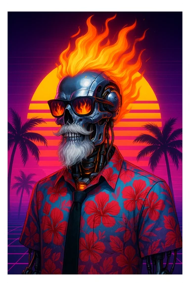 A robotic skeleton with a chrome skull, exposed cables and joints, and a white beard. Sporting sunglasses with fiery reflections, and a mane of orange-red flames. Wearing a Hawaiian shirt (red hibiscus, pink/blue gradient) and a black tie, with glowing mechanical parts under the collar. Background: synthwave sunset, large sun with lines, neon colors, palm trees. Style: cyberpunk, vaporwave, retrofuturism. sticker