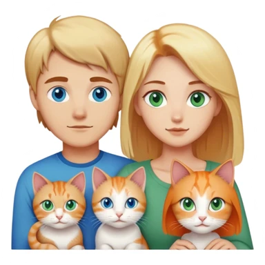A family with a younger man with blue eyes and short brown hair, a younger woman with blue eyes, mid length blonde hair, and big breasts. And a cat with long hair that is a mix between orange and cream and green eyes sticker