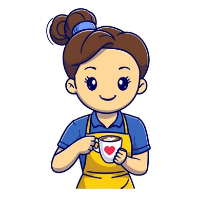 Cute brunette barista girl with hair in a bun wearing yellow shirt and dark blue apron, she's relaxed and making heart-shaped latte art, smiling at the coffee cup with a heart design in the foam sticker