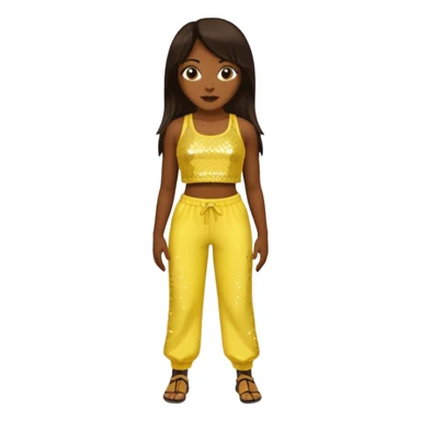 Chilli from TLC with long dark brown hair, yellow sequin crop top and pants, dark skin  sticker