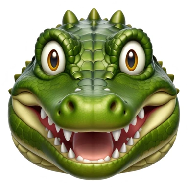 Cinematic Realistic Noble Crocodile Portrait Emoji, Poised and formidable, with a massive, muscular build and a rugged, intricately textured scaly hide in deep olive-green with natural camouflaged patterns, a powerful, fearsome jaw and piercing, ancient eyes rendered in lifelike detail, high shine, intelligent and imposing, styled with an air of primal authority, focused and attentive, soft glowing outline, capturing the essence of a watchful and confident crocodile that appears ready to surge out of the screen with effortless power! sticker