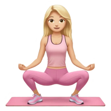 Create a young woman with long blonde hair, golden eyes, and medium-light skin tone, wearing a light pink tank top and leggings. She should be doing home worjout, with a smile sticker