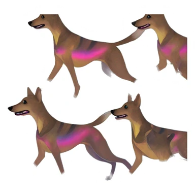  brindle brown black maroon striped lurcher Alsatian fox running blue eyes and iridescent holographic oilslick harness wearing paper iridescent tropical flower crown yellow caution tape sticker