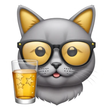 Fait un chat gris avec des lunettes de stars et avec un verre d alcool qui fait la fête sticker
