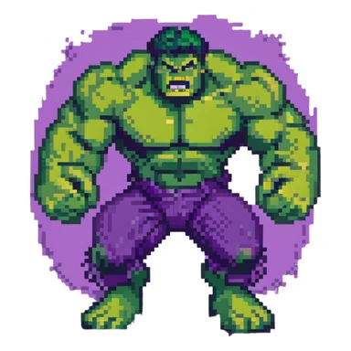 Hulk smashing with powerful fists, green superhero breaking ground, action pose, angry expression, retro video game style sticker