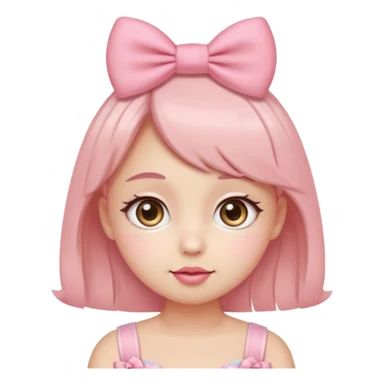 Cute coquette emoji, round face, big sparkling eyes, soft blush on cheeks, small pink bow on top of the head, pastel colors, simple vector style, transparent background


 sticker